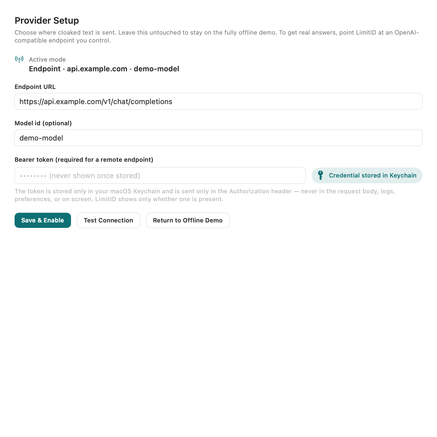 LimitID Provider Setup screen with an endpoint URL field, optional model id, and a bearer-token field labelled never shown once stored, with the note that the token lives only in the macOS Keychain.